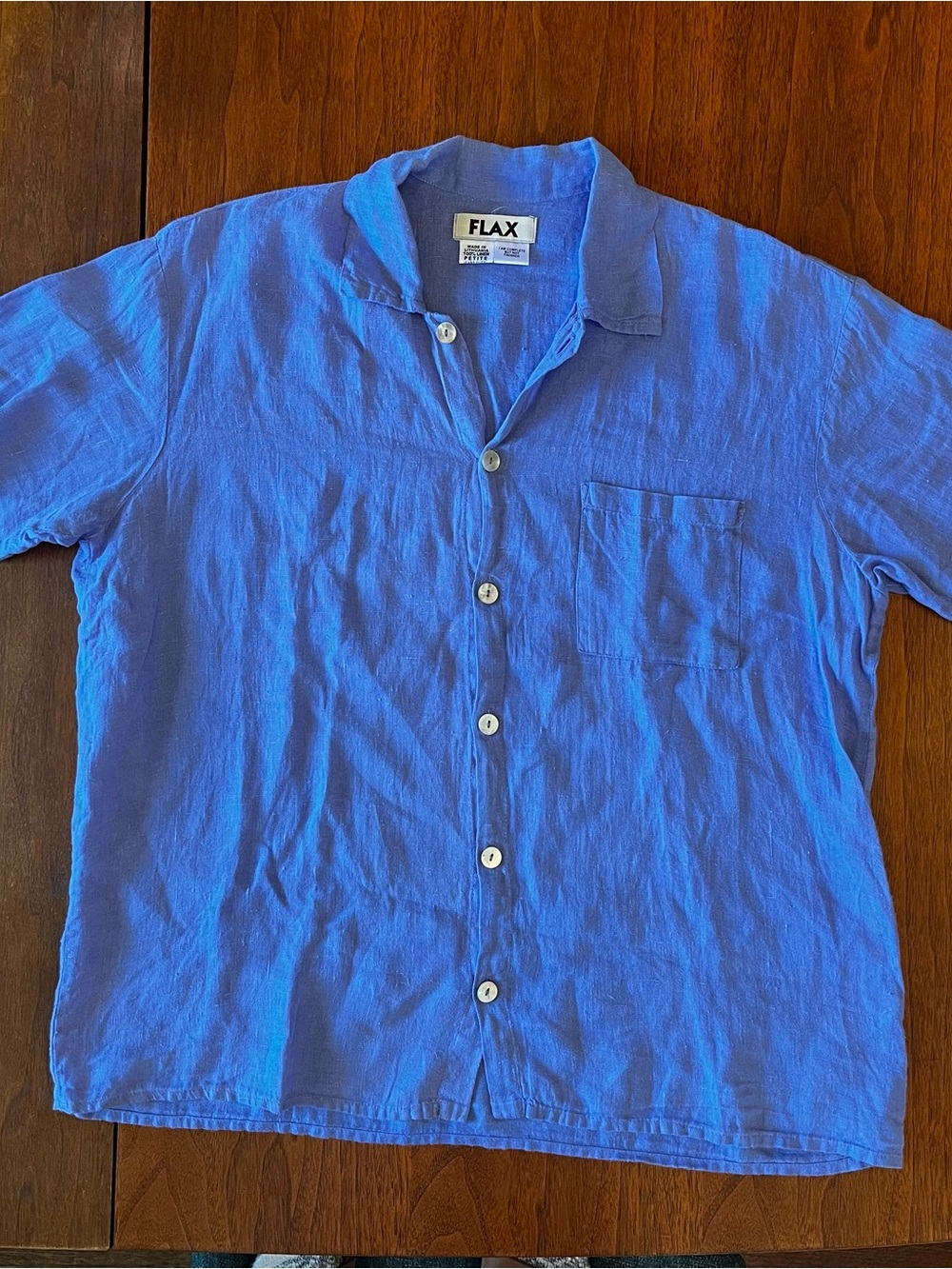 Flax Blue Linen Short-Sleeve Button-Down Shirt with Chest Pocket - Picture 2 of 6